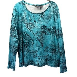 Additions Chicos Women's Top L Artsy Blue Paisley Pullover Stretch Long Sleeve